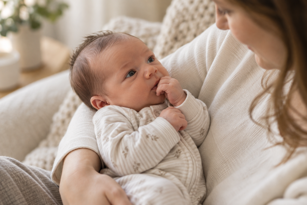 Newborn bringing a hand toward the mouth as an early hunger cue