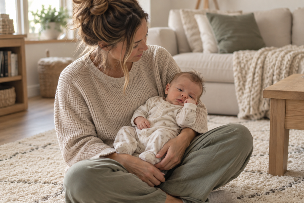 Mother watching her newborn for hunger and sleep cues