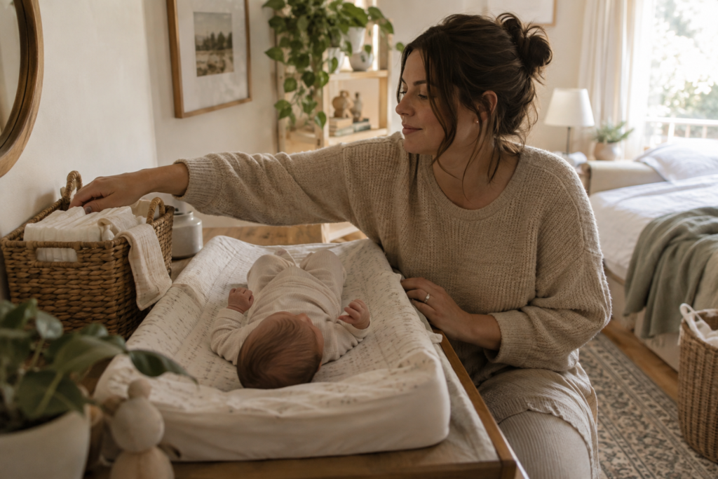 Mom caring for her newborn during a routine diaper change