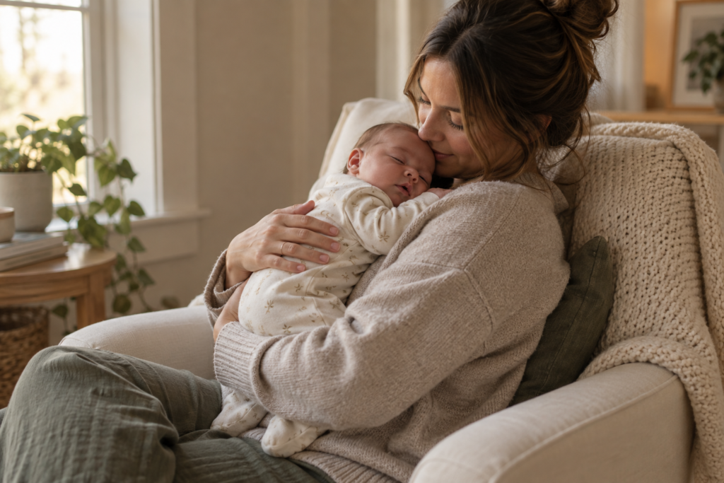 Sleepy newborn relaxing against mom after being comforted