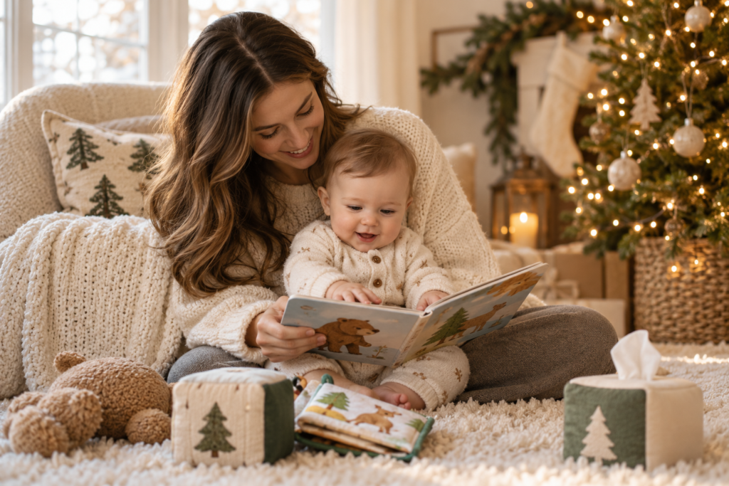 Mother reading with baby beside books and sensory baby Christmas gift ideas