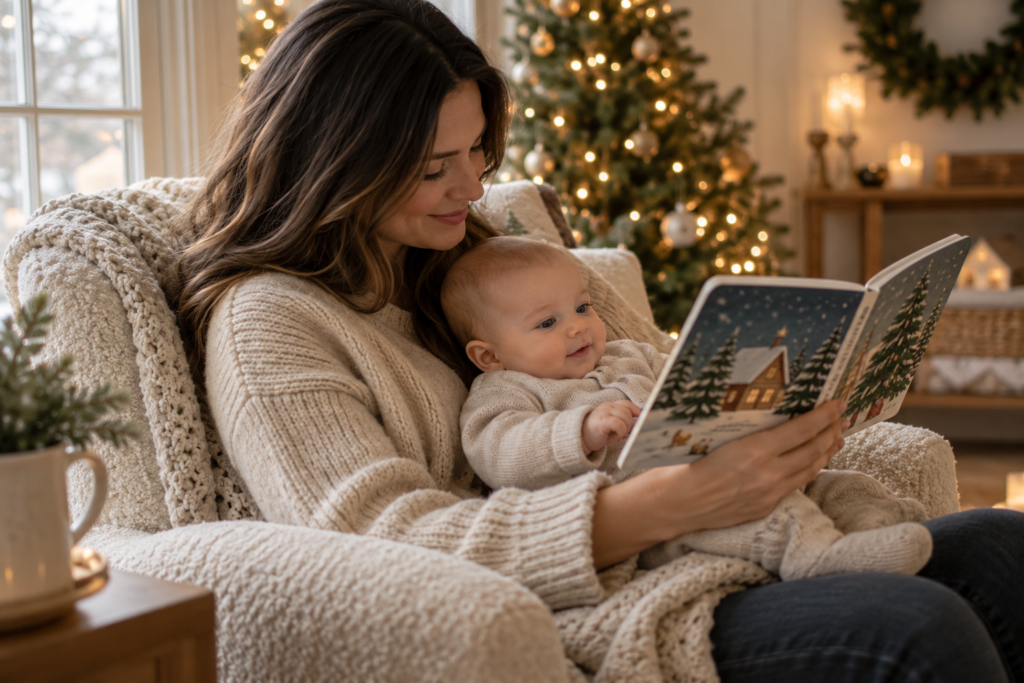 Mother reading a Christmas board book to her baby in a cozy chair