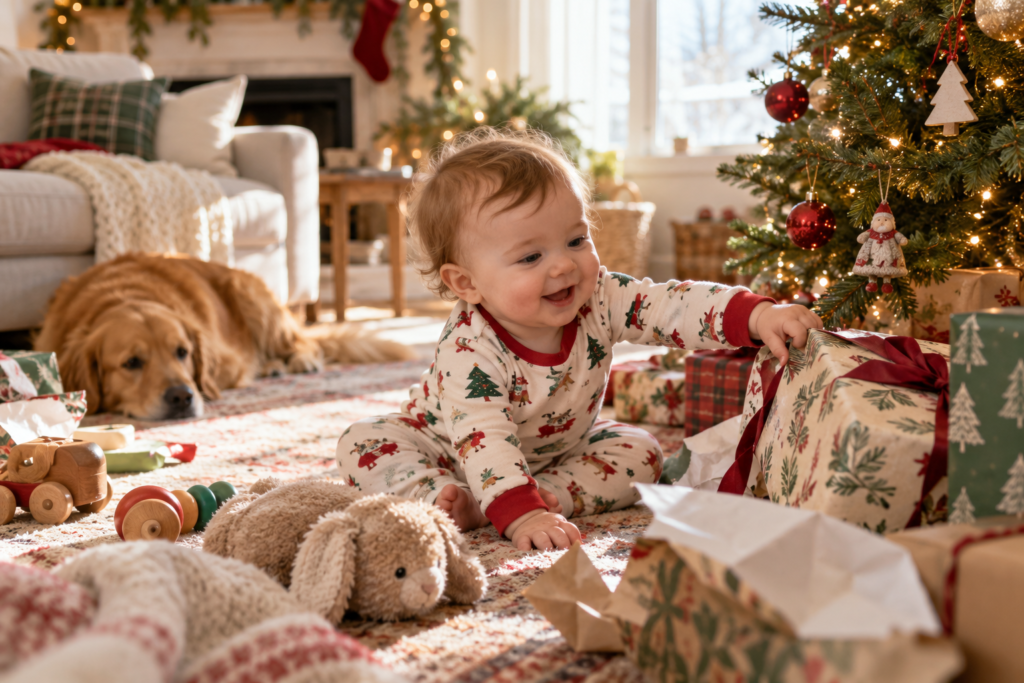 Baby in festive pajamas on Christmas morning near the tree and wrapped gifts