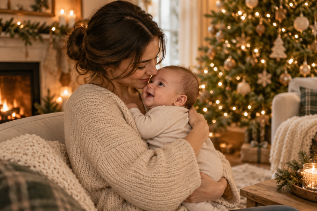 Mother cuddling her baby near a Christmas tree in a softly lit living room