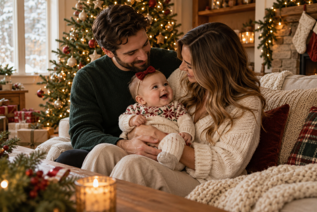 Parents holding their baby together near a Christmas tree in a cozy living room