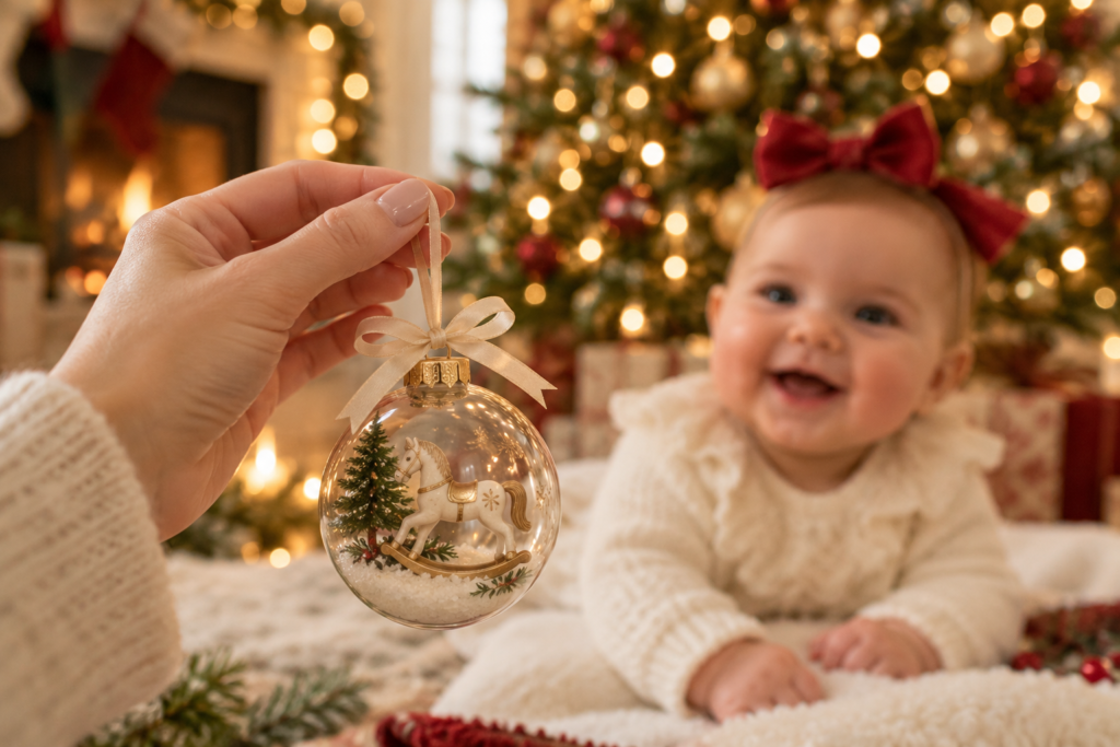 Baby’s first Christmas ornament held in the foreground with baby softly visible in the background