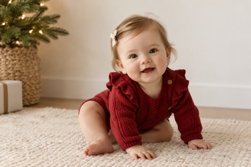 Baby in a simple Christmas outfit sitting near a plain wall in soft natural light
