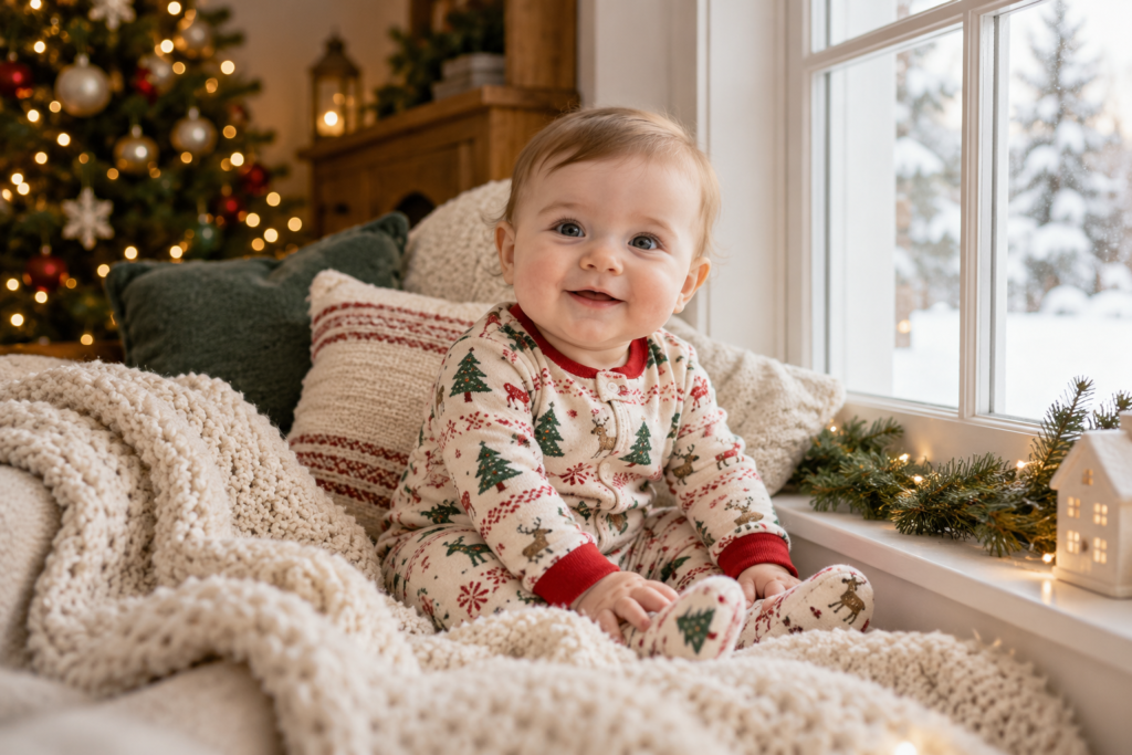 Baby in Christmas pajamas sitting by a bright window with a soft holiday background