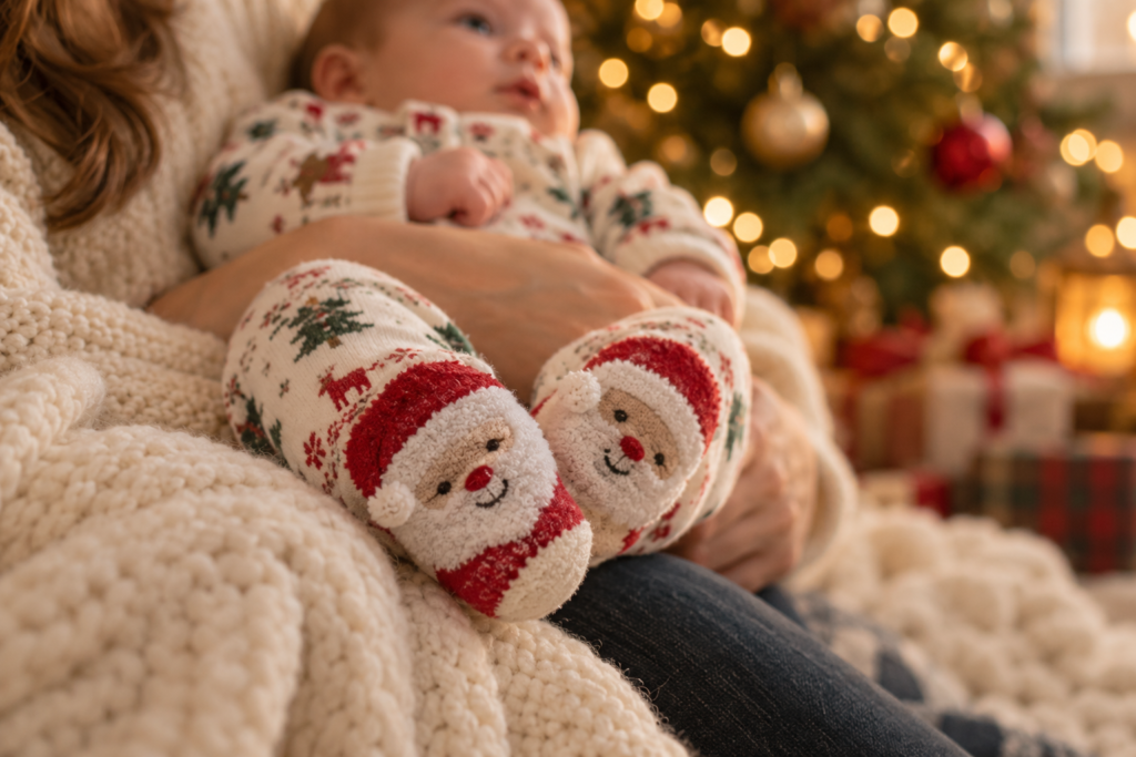 Close-up of baby feet in festive socks with a Christmas tree softly blurred in the background