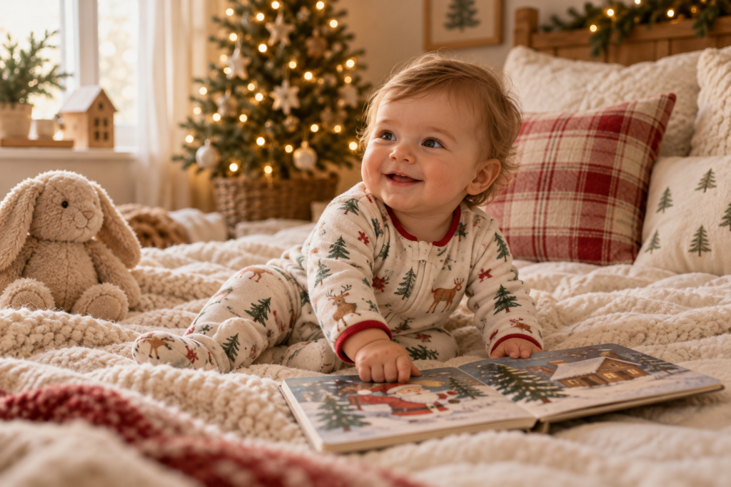 Baby wearing holiday pajamas in a cozy nursery with a Christmas book nearby