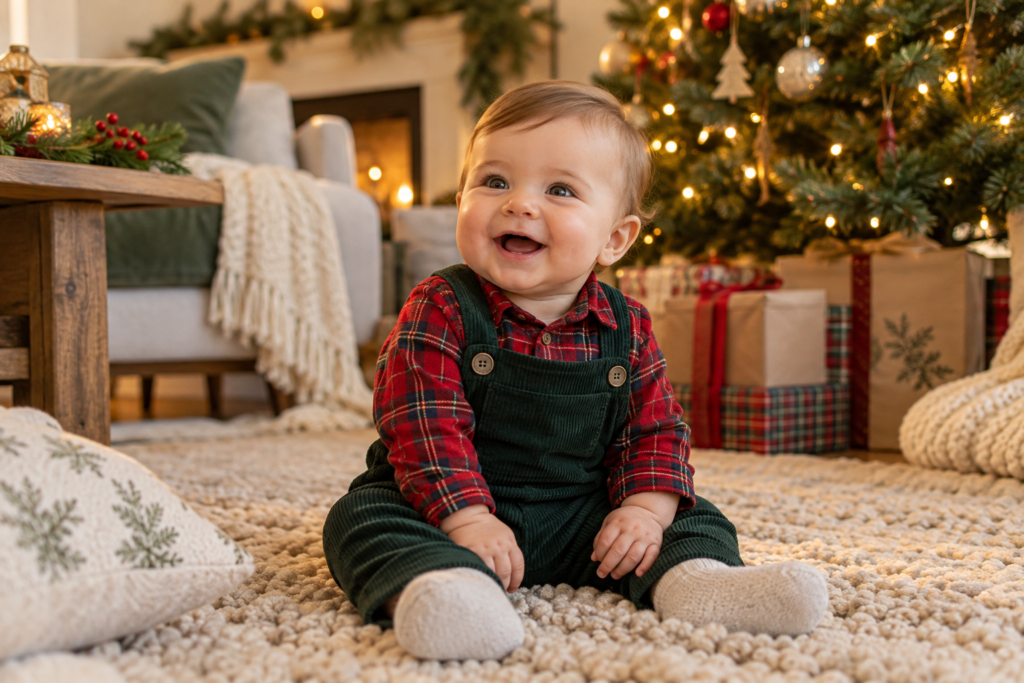 Baby wearing a classic plaid Christmas outfit in a festive living room