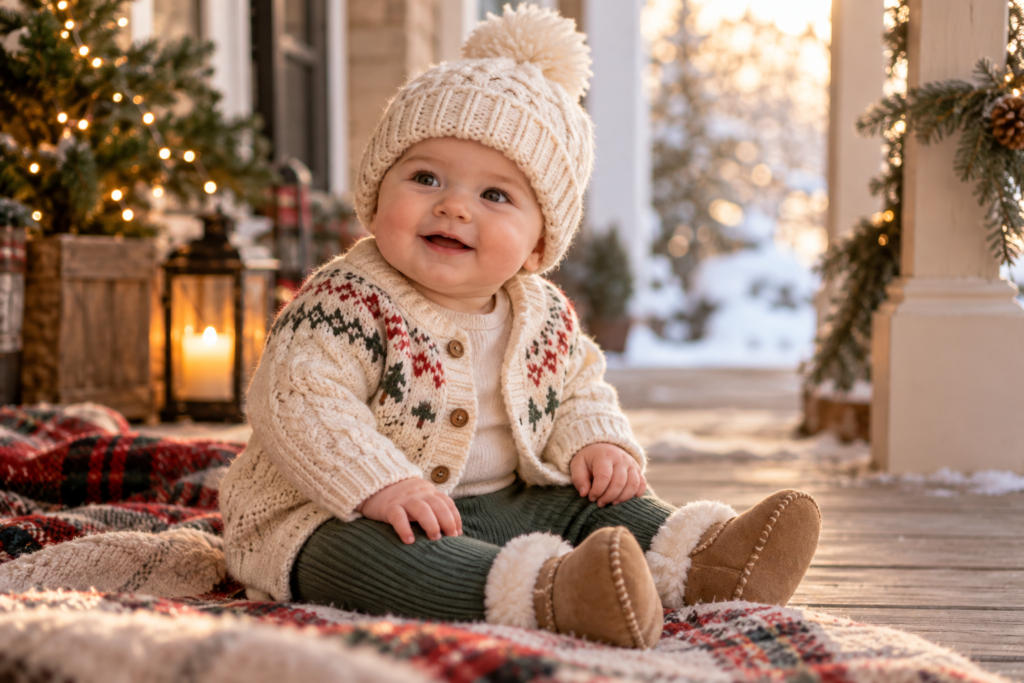 Baby in a cozy winter holiday outfit with soft seasonal styling