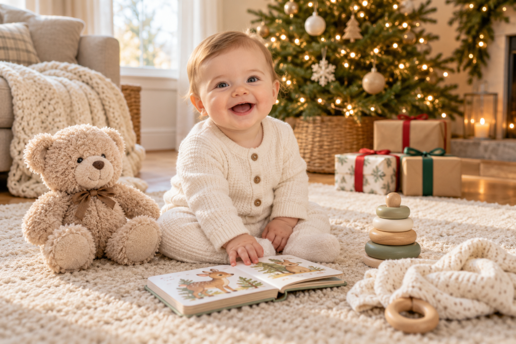 Developmental baby Christmas gift ideas including a play gym, high-contrast cards, and sensory toys