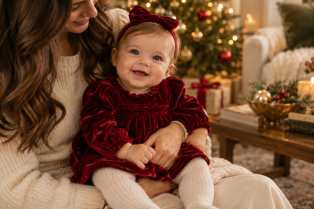Baby in a dressy holiday outfit with a parent in a cozy Christmas setting