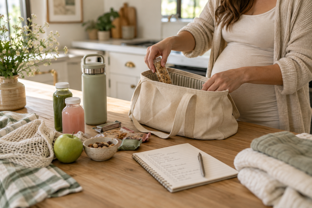 Hospital bag last-minute checklist with snacks and drinks