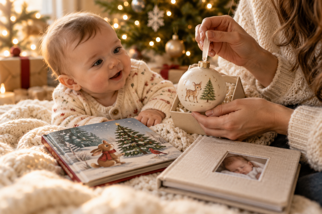 Keepsake baby’s first Christmas gift ideas including an ornament, a Christmas book, and a baby photo album