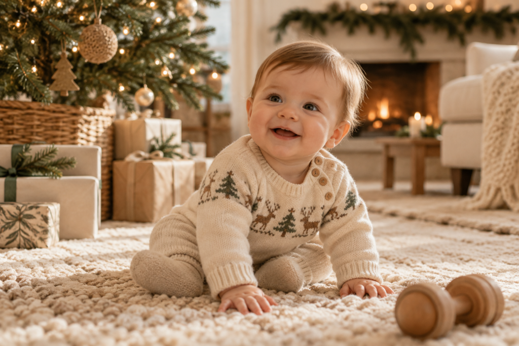 Baby in a neutral Christmas outfit with soft festive decor in the background